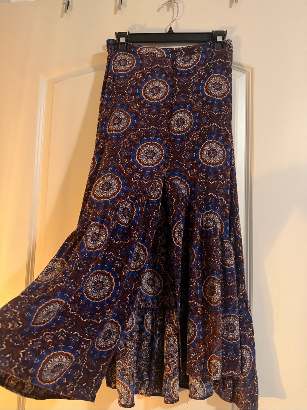 EARTHBOUND Navy and Brown Medallion Tiered Maxi Skirt